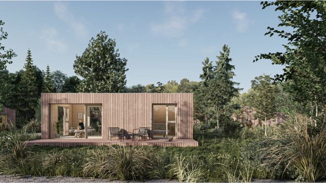 Ecospace's 100m² garden room with a dual pitched roof design